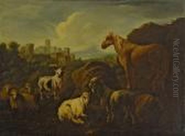 Ruhender Hirte Mit Ziegen, Schafen Und Pferd - view 1