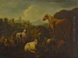 Ruhender Hirte Mit Ziegen, Schafen Und Pferd by Philipp Peter Roos