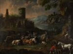 Paisagem Com Castelo, Figuras, Vacas E Bois