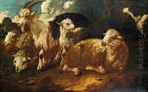 Ziegenbock Und Ruhende Schafe Mit Hirtenhund In Campagna-landschaft