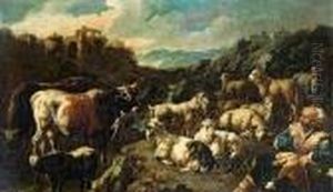 Hirte Mit Herde Vor Campagna-landschaft by Philipp Peter Roos
