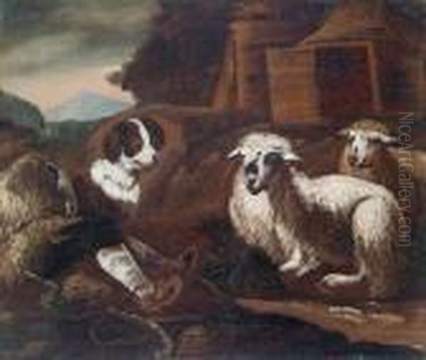 A Shepherd
With Two Sheep And A Dog In A Landscape - view 1