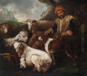 Shepherd And His Flock In A Landscape by Philipp Peter Roos