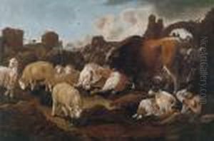 A Shepherd With His Flock In The Roman Campagna by Philipp Peter Roos