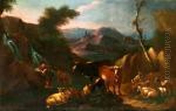 Pastoralt Landskap Med Herde Och Boskap - view 1
