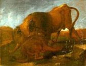 A Bull Engaged In Battle With Two Wolves by Philipp Peter Roos