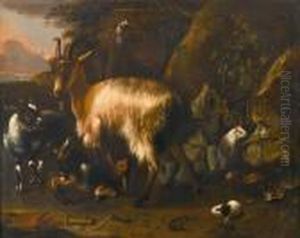 Italianate Landscape With Goats,
 Guinea Pigs, Toad And Bluebird, With Herders And Sheep Beyond