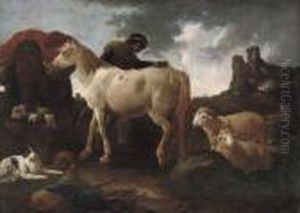A Peasent Attending A Horse In An Italianate Landscape by Philipp Peter Roos