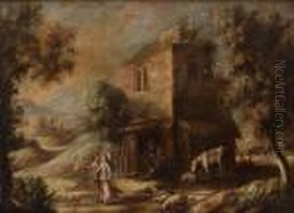 Italieniserande Landskap Med Figurer Och Boskap - view 1