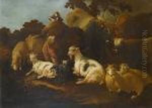 A Shepherd Leaning On A Rock While Lookingafter His Goats, Sheep, Bull And Calf