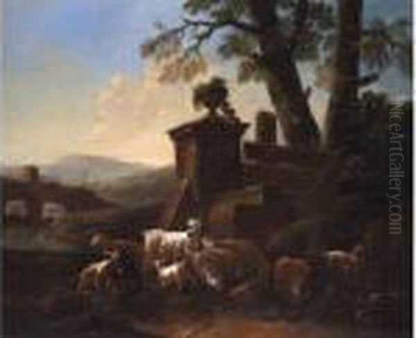 Schlafender Hirte Zwischen 
Schafen Und Ziegen In Sudlicher Landschaft Mit Antikem Monument - view 1