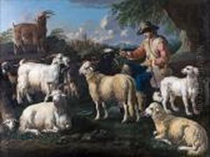 Shepherd With Sheep And Goats In Alandscape by Philipp Peter Roos