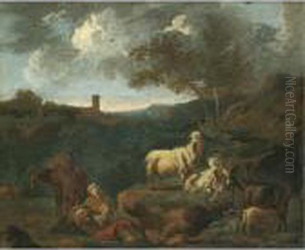 A Landscape With Goats And A Peasant Family Resting In The Foreground. - view 1