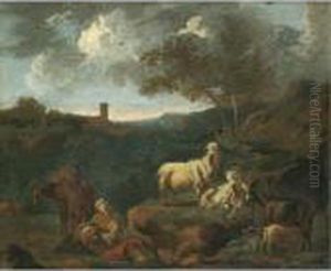 A Landscape With Goats And A Peasant Family Resting In The Foreground. by Philipp Peter Roos