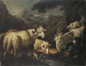 A Mountainous Wooded Landscape With A Ram, Ewe, Billy Goat And A Nanny Goat At A Stream A Mountainous Wooded Landscape With A Ram, Ewe, Billy Goat And A Nanny Goat At A Stream
