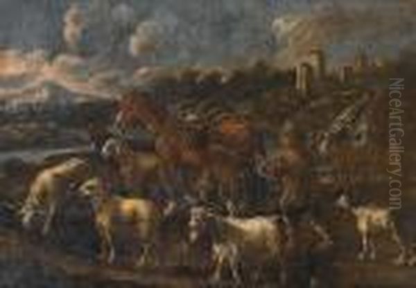 A Shepherd With A Laden Horse,
Sheep And Goats In A Landscape; And A Shepherd Resting Beside A Bull,
Sheep And Goats In A Landscape by Philipp Peter Roos