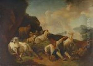 A Shepherd Resting On A Hillside With A Cow, Sheep And Goats by Philipp Peter Roos