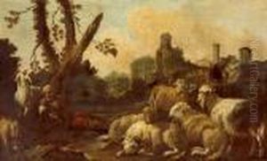 Pastore E Gregge In Un Paesaggio Meridionale Con Rovine by Philipp Peter Roos
