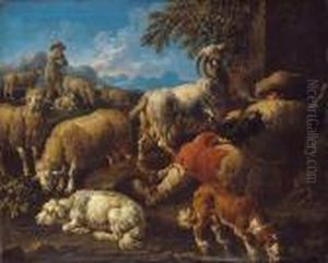 Italienische Landschaft Mit Rastenden Hirten. by Philipp Peter Roos