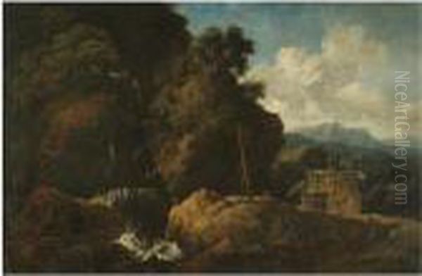 An Extensive Waterfall Landscape
With A Saint Praying Before A Cross With All The Signs Of The Passion - view 1