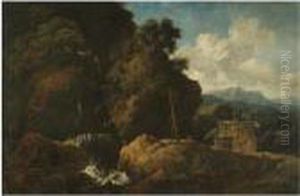 An Extensive Waterfall Landscape
With A Saint Praying Before A Cross With All The Signs Of The Passion by Philipp Peter Roos