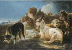 Two Sheep And A Goat, With A Dog Drinking From A Pool Before A Ruin Two Sheep And A Goat, With A Dog Drinking From A Pool Before A Ruin