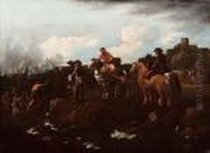 Veduta Con Cavalieri E Battaglia Navale by Philipp Peter Roos