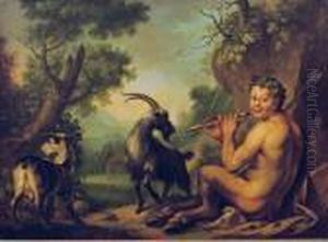 Pan Playing The Flute Whit His Goats In A Landscape