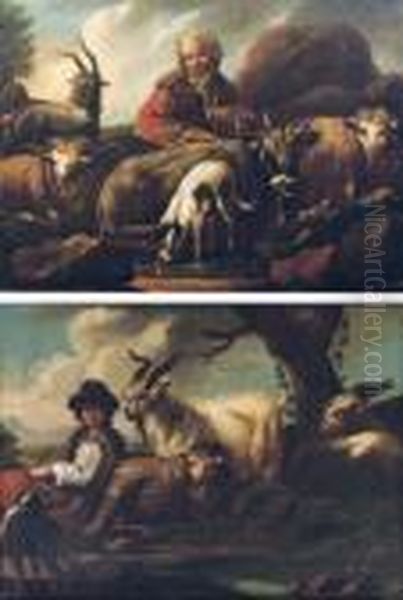A Shepherd With His Flock In A 
Landscape, A Dog Drinking In The Foreground; And A Shepherd With His 
Flock In A Landscape - view 1