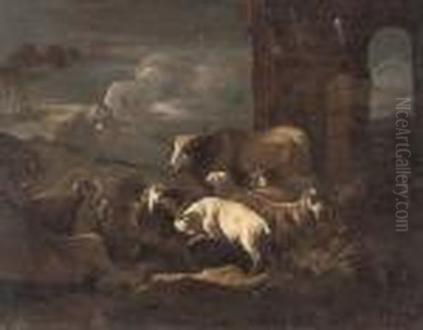 An Evening Landscape With A Flock Of Goats And A Bull, By Classical Ruins - view 1