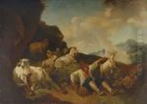 A Shepherd Resting On A Hillside With A Cow Sheep And Goats by Philipp Peter Roos