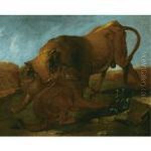 A Landscape With A Bull Being Attacked By Wolves by Philipp Peter Roos