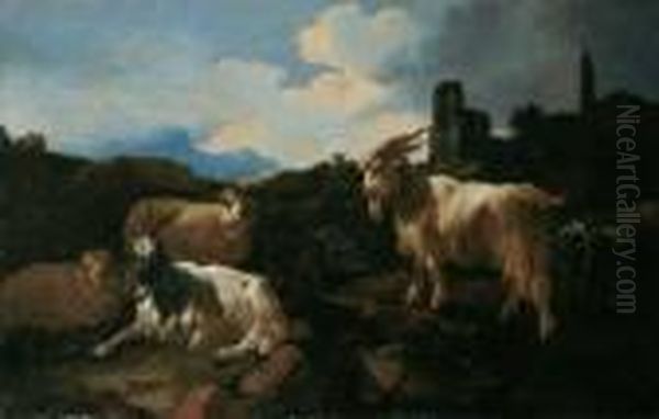 Ziegen Vor Ruinen In Der Romischen Campagna. Ol Auf Leinwand (doubliert). H 72,5; B 112 - view 1
