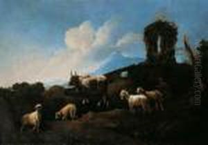 Campagnalandschaft Mit Viehherde
 Vor Einer Ruine. Ol Auf Leinwand (doubliert). H 98,5; B 137