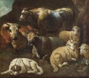Cattle And Sheep With A Sheepdog Resting In A Rocky Landscape