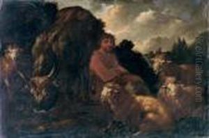 A Peasant With His Sheep And An Ox In A Landscape