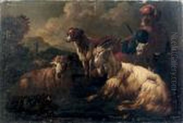 A Peasant With A Goat, Sheep And His Dog In A Landscape - view 1