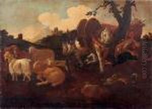 A Peasant Keeping Watch Over His Sheep With A Horse And Dog Nearby by Philipp Peter Roos