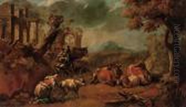 An Italianate Landscape With A
Shepherd Playing A Doodlesack And A Shepherdess Milking A Sheep, With
Cattle And Classical Ruins Beyond - view 1