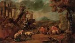 An Italianate Landscape With A
Shepherd Playing A Doodlesack And A Shepherdess Milking A Sheep, With
Cattle And Classical Ruins Beyond by Philipp Peter Roos
