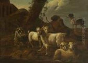 Ruhender Hirte Mit Ziegen, Schafen
 Und Seinem Hund In Ruinenlandschaft.