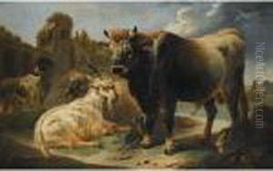 Rocky Landscape With A Bull Goat
Ram And Sheepdog Before A Set Of Ruins A
Shepherd And Flock Beyond by Philipp Peter Roos