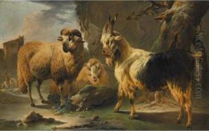 Rocky Landscape With Sheep And
Goats A Horseman Before A House Beyond by Philipp Peter Roos
