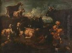 Shepherd With Goats And Bull