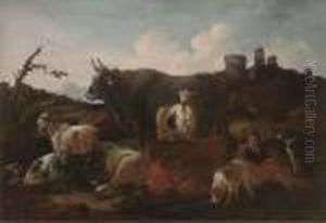 A Shepherd With Cattle And Dogs By Ruins In An Italianatelandscape by Philipp Peter Roos