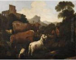 Un Pastore Con Il Suo Gregge In Un Paesaggio Un Pastore Con Il Suo Gregge In Un Paesaggio