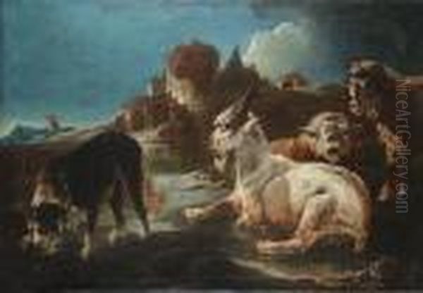 Sheep, A Goat And A Dog Drinking
Water From A Stream A Shepherd And His Flock In The Distance - view 1