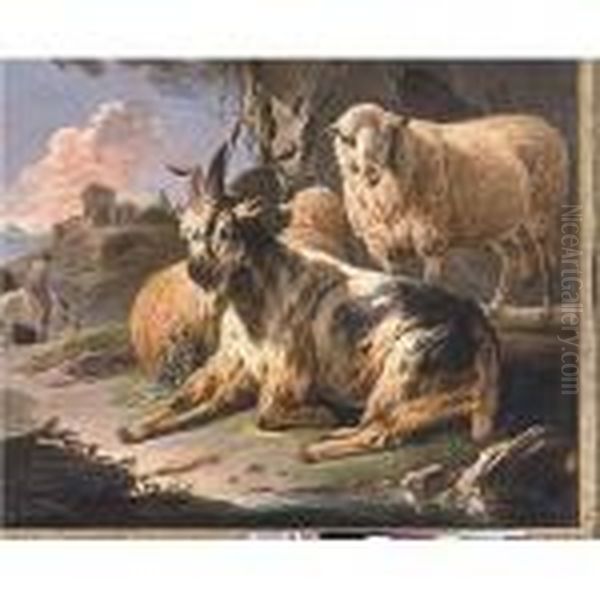 An Italianate Landscape With A
Goat And Sheep, With A Man On Horseback And Classical Ruins Beyond - view 1