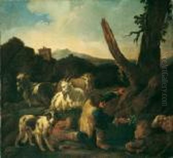 Umkreis Der Ziegenhirte An Der Quelle. Ol Auf Leinwand . H 106; B 115 Cm - view 1