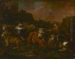 Italienische Landschaft In Abendstimmung Mit Ruine, Vieh Und Hirte by Philipp Peter Roos